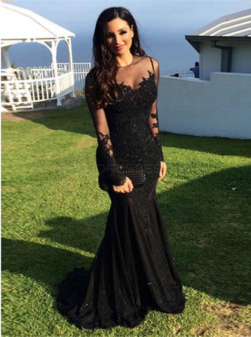Fitted Black Prom Dress with Sleeves,Formal Evening Dress,PD00394, US14W / Red Fitted Black Prom Dress with Sleeves,Formal Evening Dress,PD00394, US14W / Red
