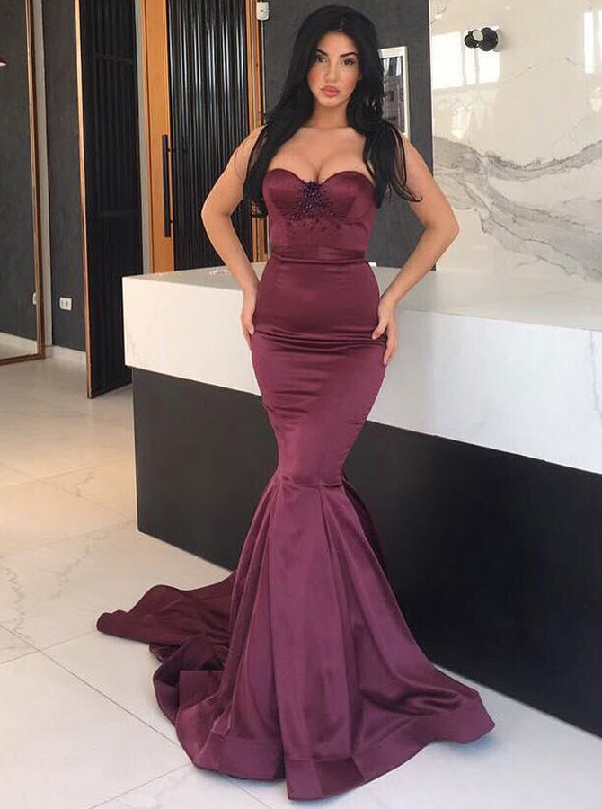 Fitted Mermaid Prom Dress Strapless Evening Dress with Train Modest Ev Wishingdress