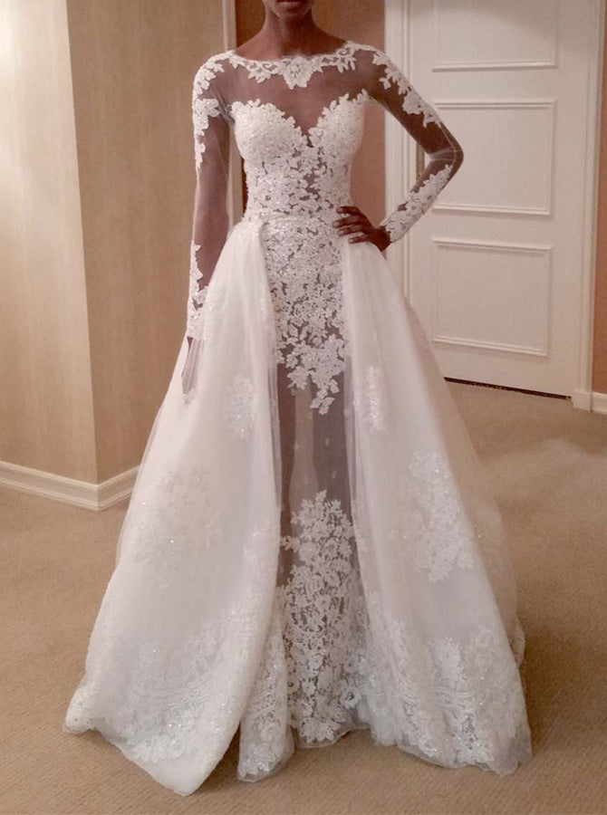 Fitted Wedding Dresses with Long Sleeves,Tulle Wedding Dress with Overskirt.WD00316, US16 / White Fitted Wedding Dresses with Long Sleeves,Tulle Wedding Dress with Overskirt.WD00316, US16 / White
