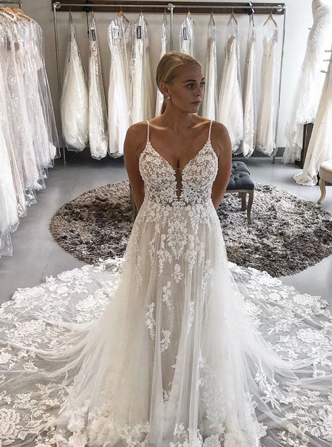 Floral Lace Wedding Dress with Straps,Boho Wedding Dress Garden,WD00634