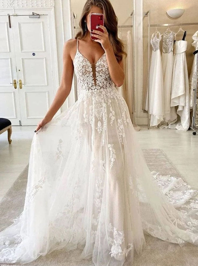 Floral Lace Wedding Dress with Straps,Boho Wedding Dress Garden,WD00634