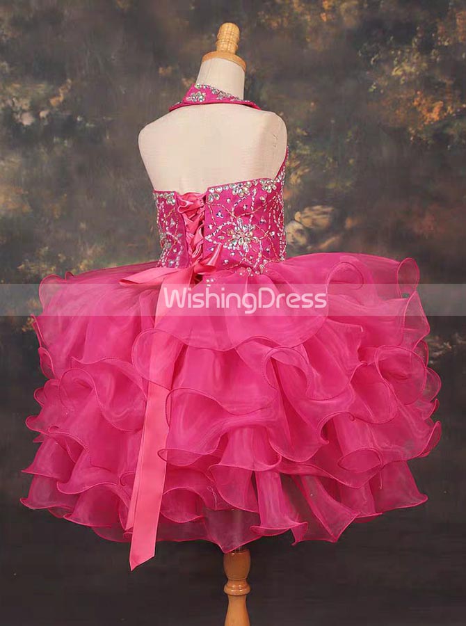 Fuchsia Halter Little Princess Dress,Glitz Short Little Girls Cupcake  Dress,GPD0047