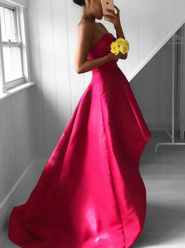Fuchsia Prom Dress,High Low Prom Dress,Satin Prom Dress,Strapless Prom Dress,Modest Dress PD00197, US8 / Burgundy