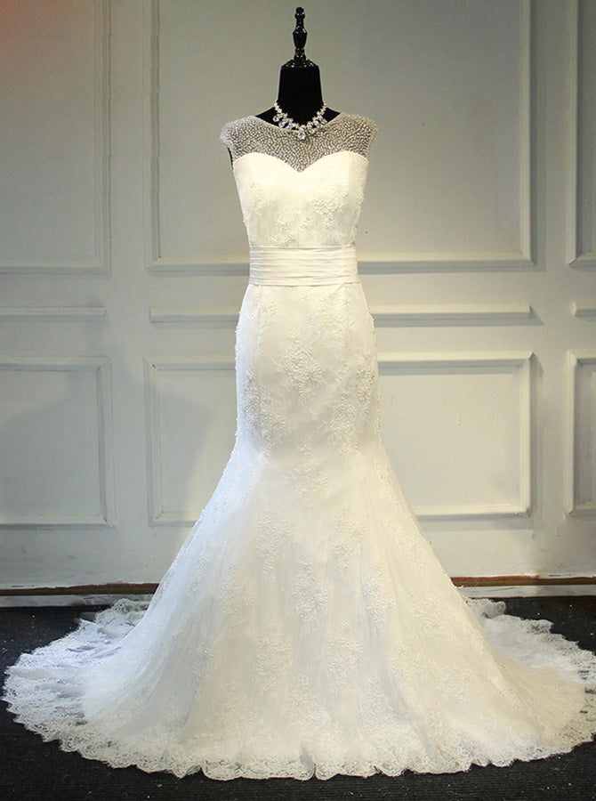 fitted lace wedding dress Luxury Long Mermaid Sweetheart Strapless Ruffles Beaded Crystal Weddin