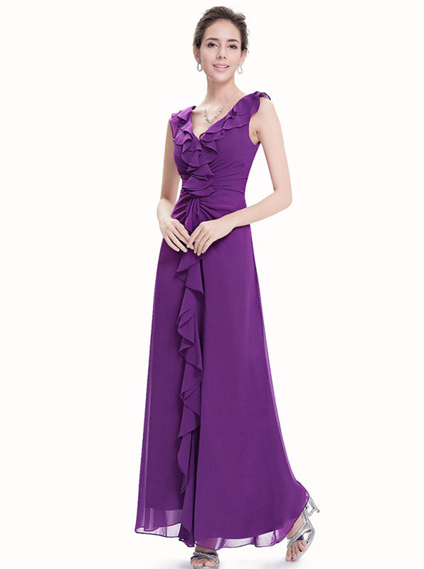 Lace Applique Top Long Bridesmaid Gown Grape