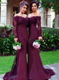 Grape Bridesmaid Dress Off the Shoulder,Mermaid Bridesmaid Dress with Long Sleeves,BD00118