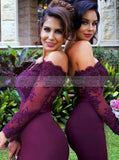 Grape Bridesmaid Dress Off the Shoulder,Mermaid Bridesmaid Dress with Long Sleeves,BD00118