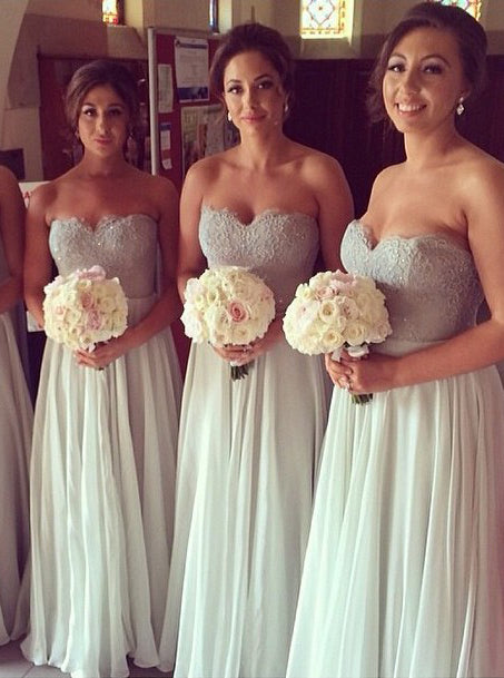 satin slip bridesmaid dress Silver Chiffon A-line Lace Bridesmaid Dresses, MBD246 main image 1