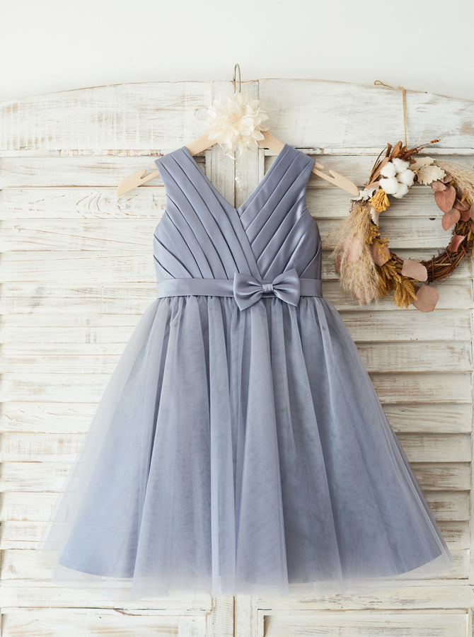 flower girl dresses short SALE: Short Sleeves V Back Lace Tulle Wedding Flower Girl Dress with Navy Blue Belt 9T / White