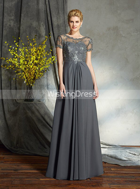 Grey Mother of the bride Dress,Mother Dress with Sleeves,Chiffon Long  Mother Dress,MD00037