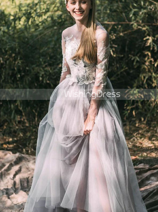 Grey Outdoor Wedding Dress,Illsuion Long Sleeves Wedding Gown,WD00459, US12 / White