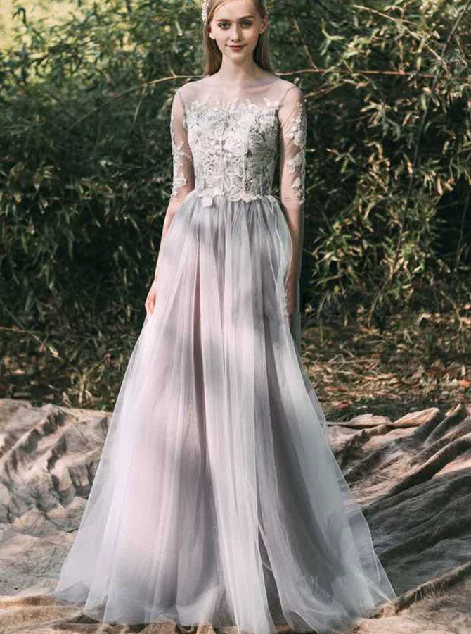 Grey Outdoor Wedding Dress,Illsuion Long Sleeves Wedding Gown,WD00459, US14 / White Grey Outdoor Wedding Dress,Illsuion Long Sleeves Wedding Gown,WD00459, US14 / White