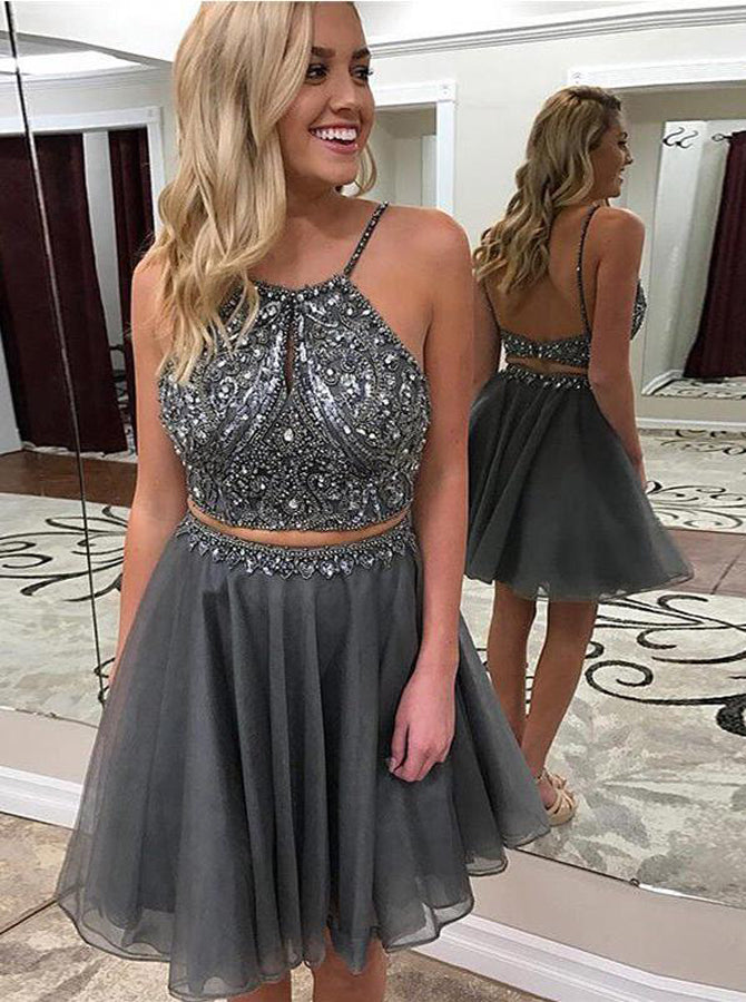 Grey Homecoming Dress Chiffon Two Piece Dress Beaded Short Homecoming Dress SW00015