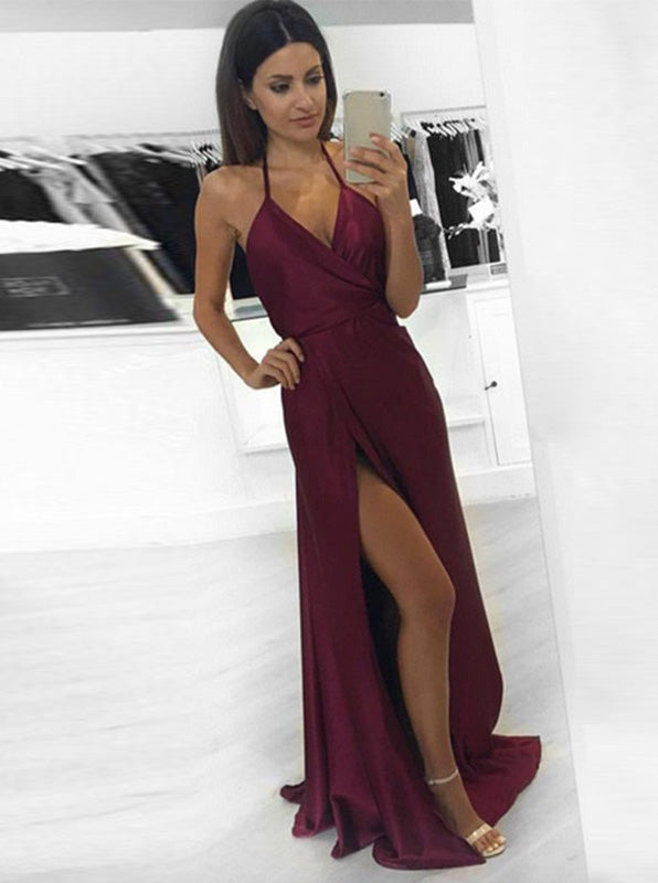 Halter Elastic Satin Prom Dress,Burgundy Evening Dress with Slit,Prom Dress with Train PD00005, US22W / Red Halter Elastic Satin Prom Dress,Burgundy Evening Dress with Slit,Prom Dress with Train PD00005, US22W / Red
