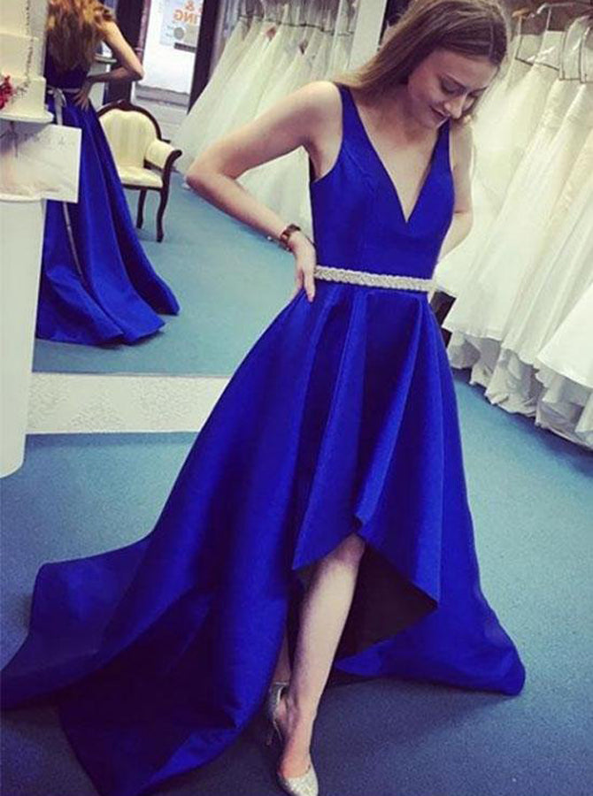 Cocktail Dress Royal Blue High Low Prom Dress Blace Lace Appliqued