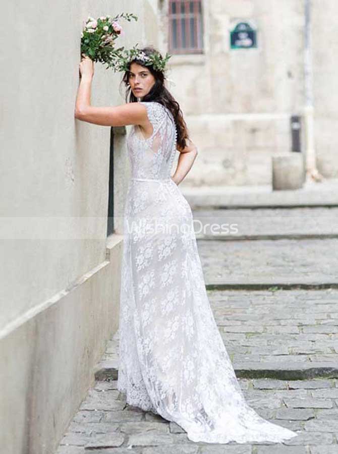 boho wedding dress high neck Vintage Boho Lace Wedding Dress with Sheer Blouson Sleeves