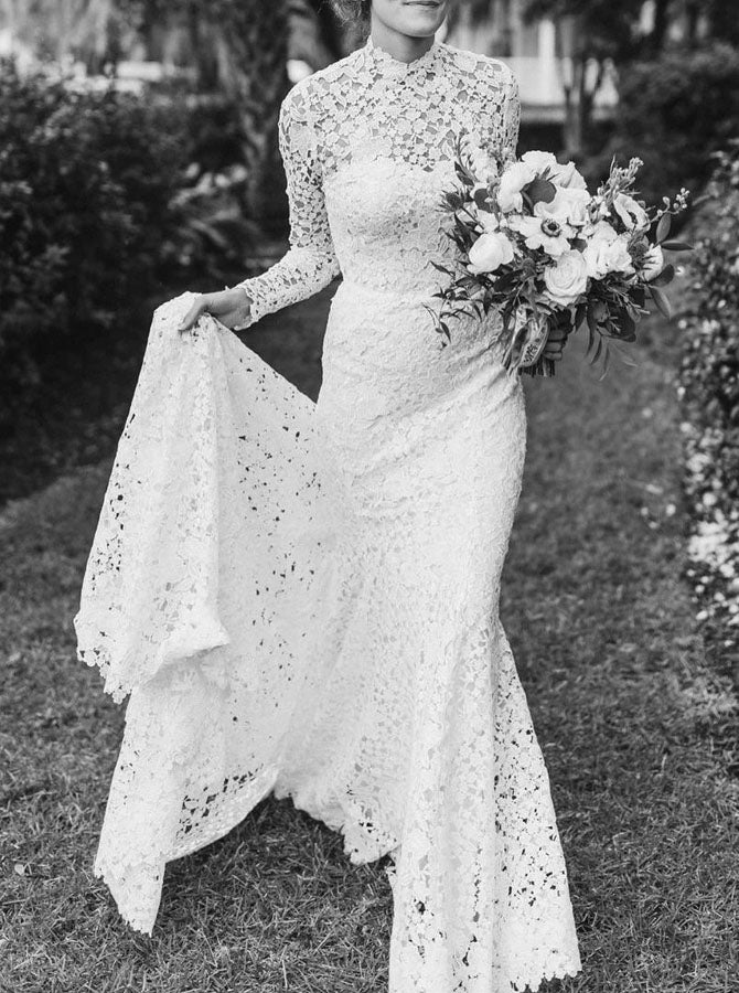 High Neck Lace Long Sleeves Wedding Dress,Fit and Flare Wedding Dress,WD00661, US22W / White High Neck Lace Long Sleeves Wedding Dress,Fit and Flare Wedding Dress,WD00661, US22W / White