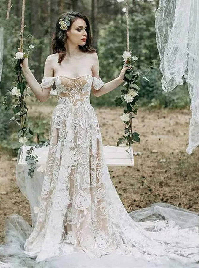 Boho Wedding Dress Outdoor,Lace Off the Shoulder Wedding Dress,WD00656, US16 / Champagne Boho Wedding Dress Outdoor,Lace Off the Shoulder Wedding Dress,WD00656, US16 / Champagne