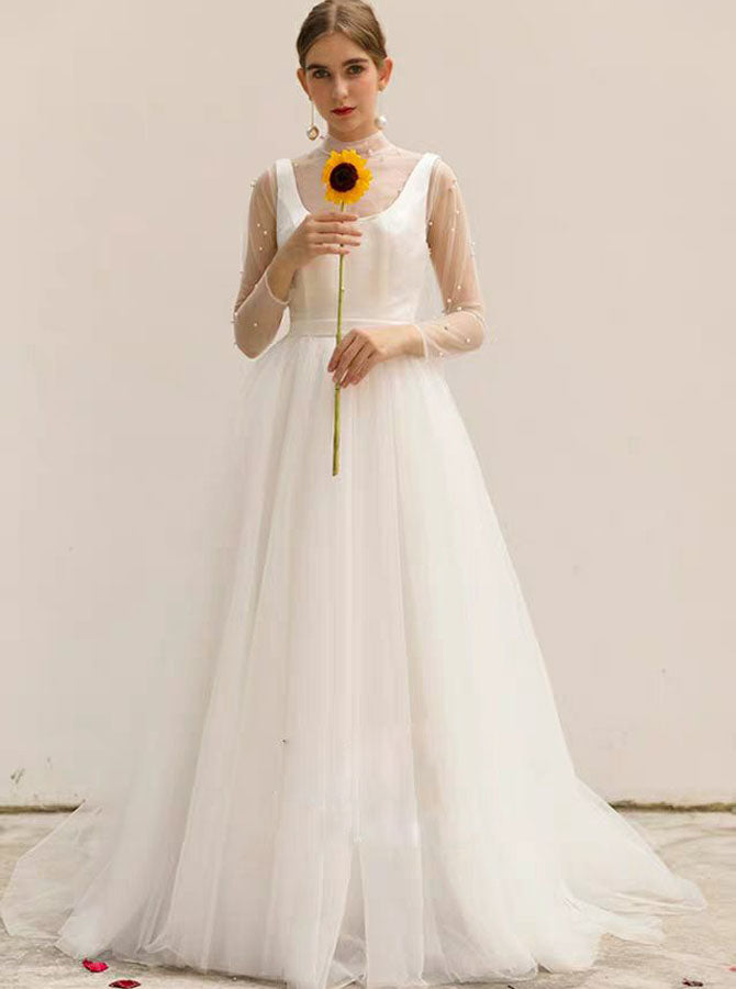 Illusion High Neck Wedding Dresses,Long Sleeves Bridal Dress with Pearls,WD00458, US8 / Ivory