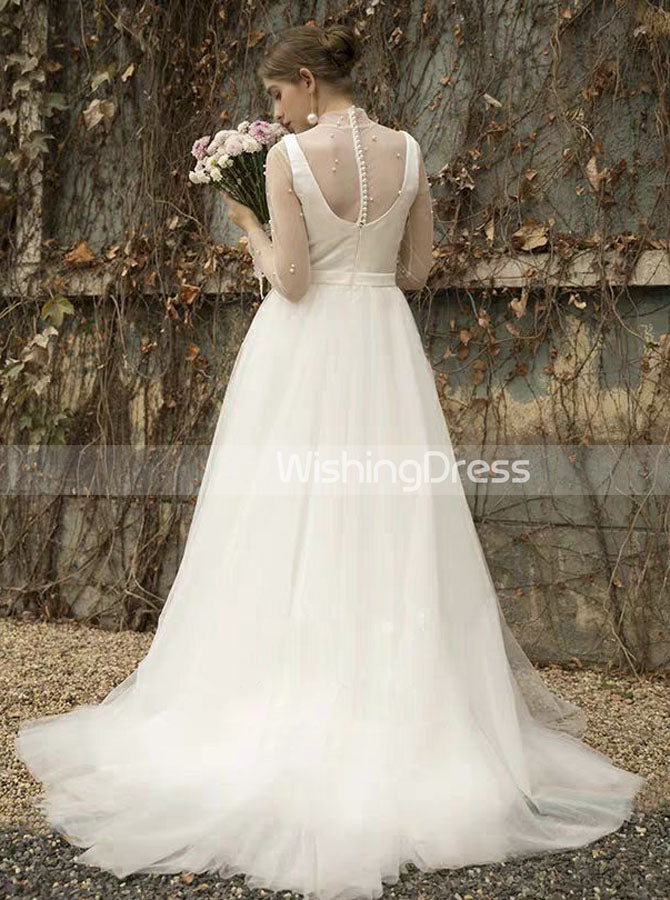 Illusion High Neck Wedding Dresses,Long Sleeves Bridal Dress with Pear - Wishingdress Illusion High Neck Wedding Dresses,Long Sleeves Bridal Dress with Pear - Wishingdress