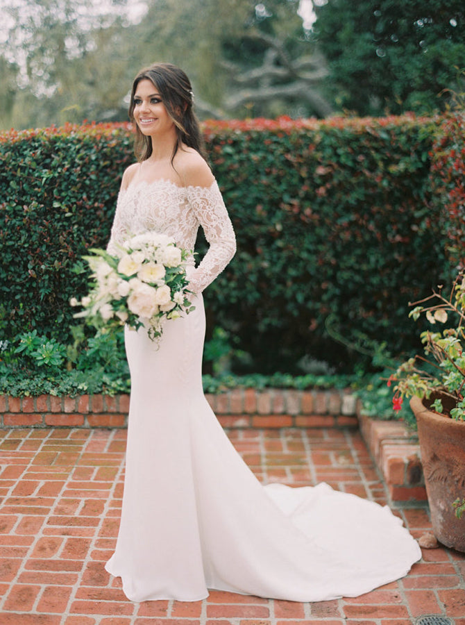 Illusion Neckline Mermaid Wedding Dress,Long Sleeves Bridal Dress,WD00448, US10 / White