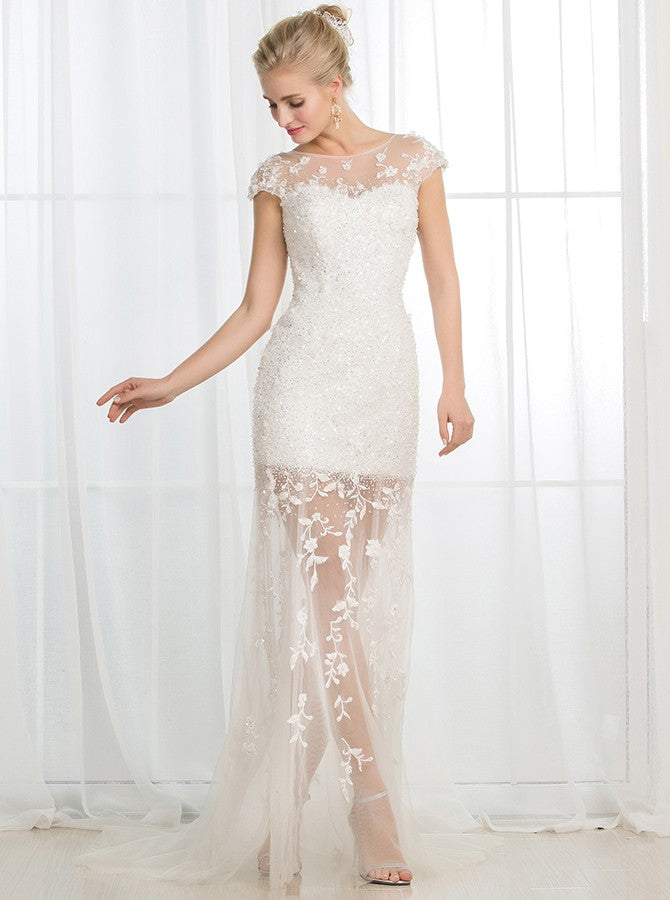 Illusion Wedding Dresses,Tulle Wedding Dress,Beach Wedding Dress,Sexy Bridal Dress,WD00022, US26W / White