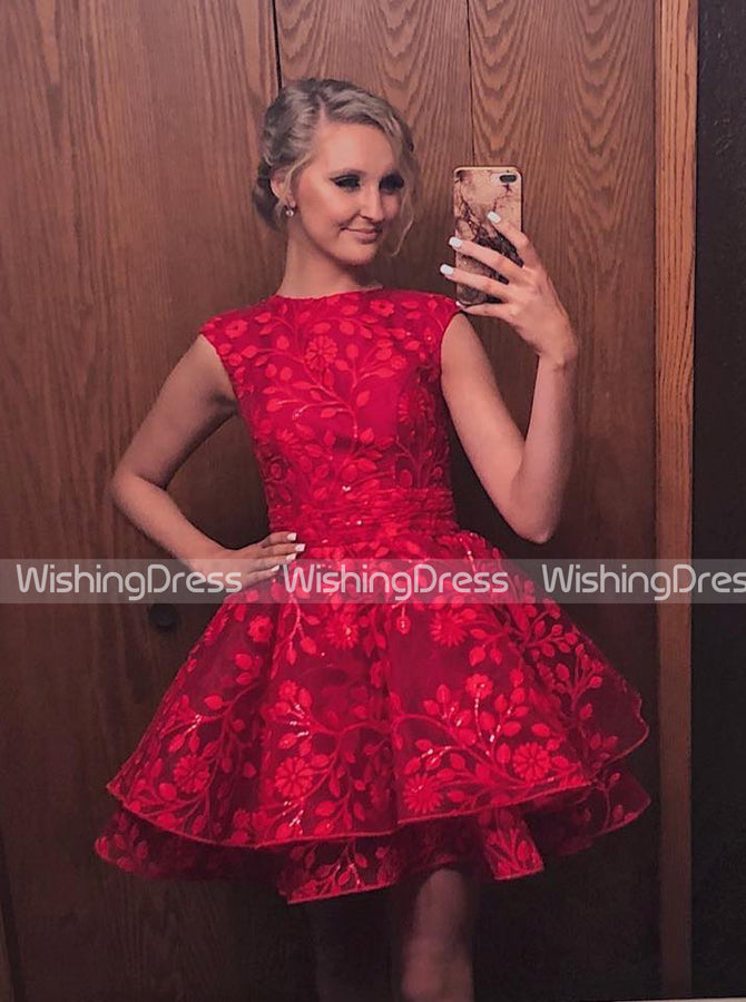 fitted lace wedding dress Red Homecoming Dresses,Lace Homecoming Dress,Short Homecoming Dress,HC00077, US26W / Red