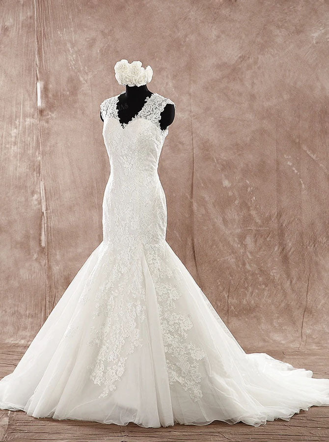 Ivory Mermaid Wedding Dress with Sheer Back,Lace Bridal Gown,WD00586, US2 / White