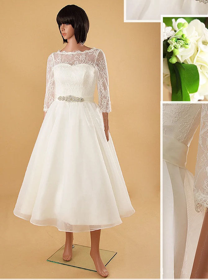 Ivory Tea Length Wedding Dress with Sleeves,Modest Wedding Reception Dress,WD00565, US16 / White Ivory Tea Length Wedding Dress with Sleeves,Modest Wedding Reception Dress,WD00565, US16 / White
