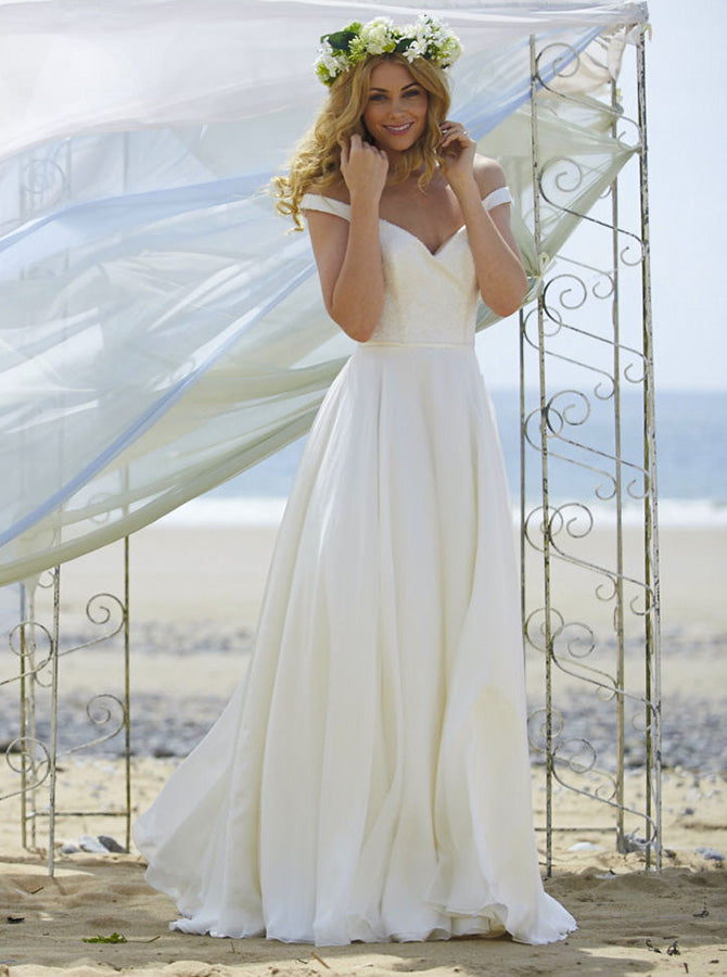Ivory Beach Wedding Dress,Floor Length Wedding Dress,Off Shoulder Brid - Wishingdress Ivory Beach Wedding Dress,Floor Length Wedding Dress,Off Shoulder Brid - Wishingdress