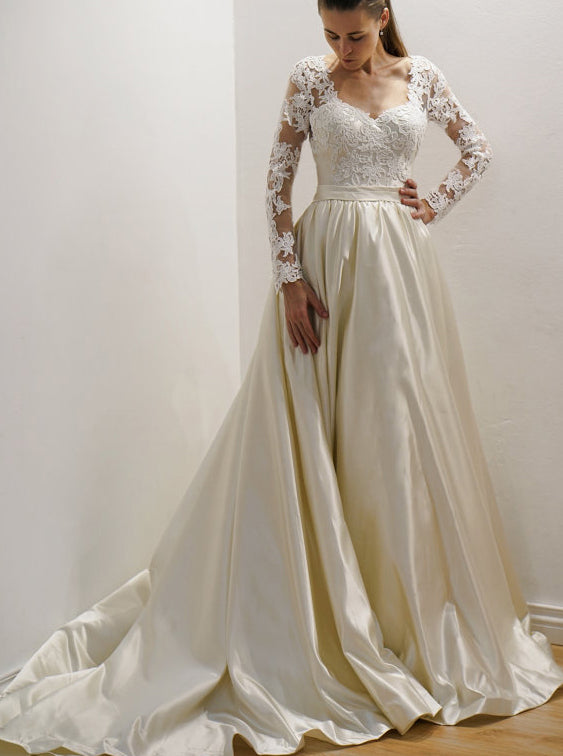 chinese dress ladies Ivory Wedding Dresses,Satin Wedding Dress,Wedding Dress with Sleeves,Classic Bridal Dress,WD00086, US14 / Pink