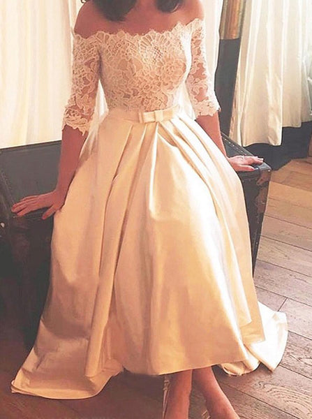 Ivory Wedding Dresses with Sleeves,High Low Satin Bridal Dress,WD00348
