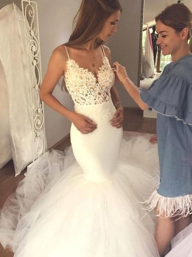 Ivory Wedding Dresses with Straps,Mermaid Bridal Gown with Long Train,WD00338, US24W / Ivory