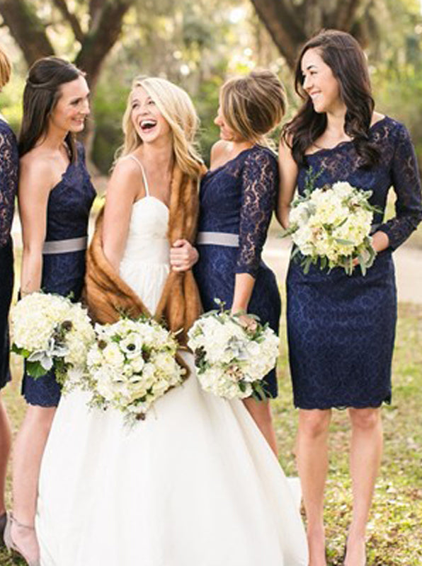 Knee Length Bridesmaid Dress,Lace Dark Navy Bridesmaid Dress,One Shoulder Bridesmaid Dress,BD00009, US20W / Purple Knee Length Bridesmaid Dress,Lace Dark Navy Bridesmaid Dress,One Shoulder Bridesmaid Dress,BD00009, US20W / Purple