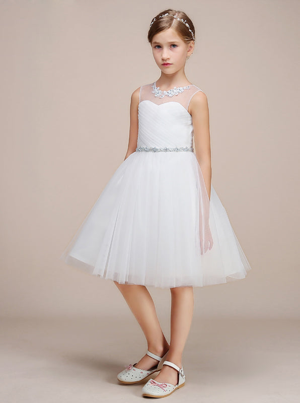 Knee Length Junior Bridesmaid Dress,White Tulle Flower Girl Dress,JB00023