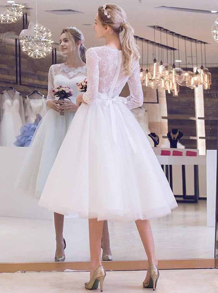Knee Length Wedding Reception Dresses,Outdoor Wedding Dress with Sleeves,WD00364