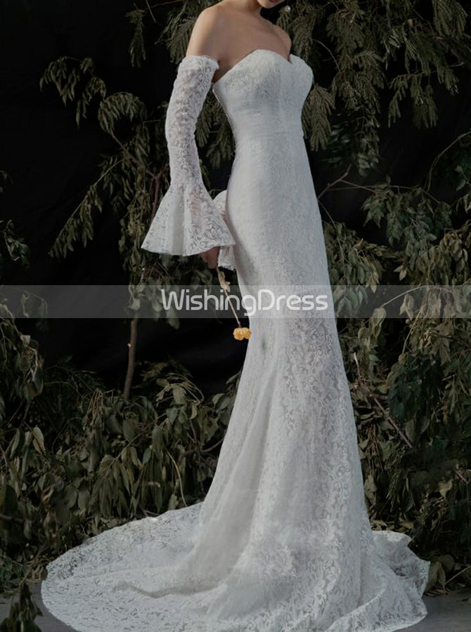 Lace Fitted Wedding Dress with Detachable Sleeves,Wedding Dress with S