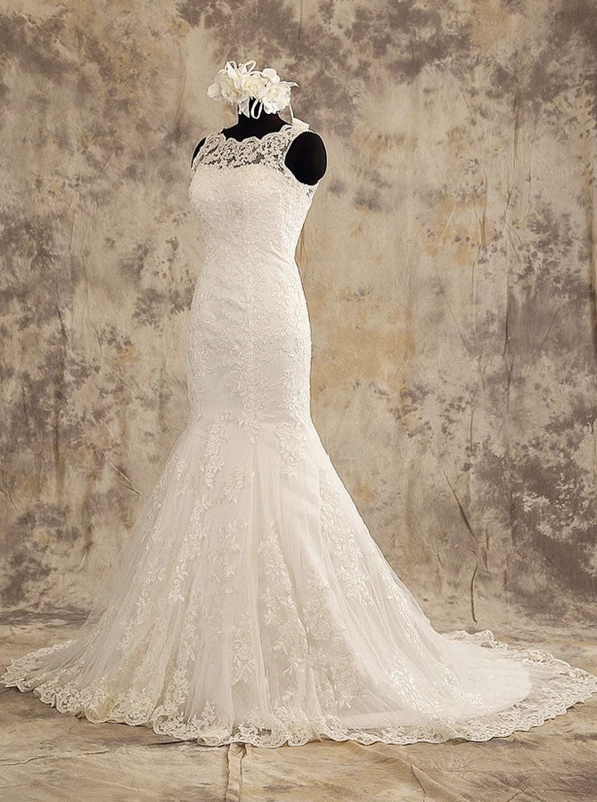 modest lace mermaid wedding dress Lace Mermaid Wedding Dress,Modest Wedding Gown,WD00577, US24W / Ivory