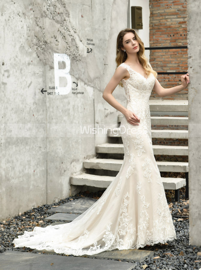 Lace Mermaid Wedding Dress with Cutout Back,Fitted Bridal Gown,WD00490, US14 / Ivory
