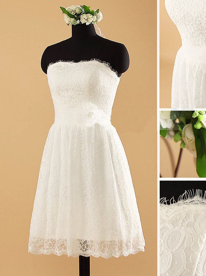 Lace Strapless Wedding Reception Dress,Knee Length Beach Wedding Dress,WD00568, US16 / White Lace Strapless Wedding Reception Dress,Knee Length Beach Wedding Dress,WD00568, US16 / White