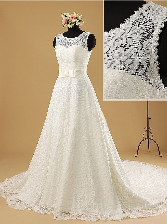 Lace Wedding Dress,Modest A-line Bridal Dress with Belt,WD00563, US12 / White