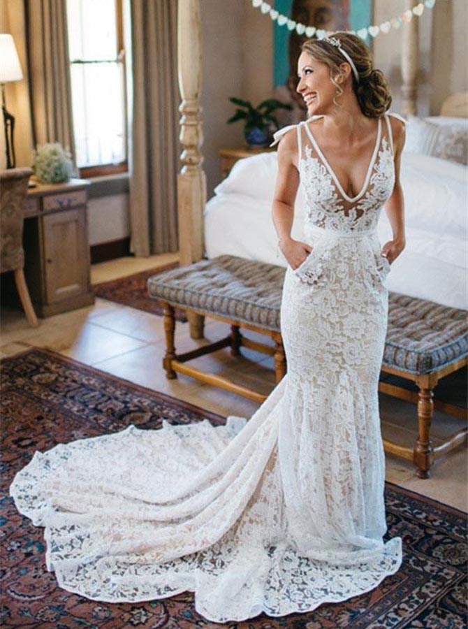 Lace Wedding Dress with Pockets,Fitted Mermaid Wedding Dress,WD00499, US12 / White Lace Wedding Dress with Pockets,Fitted Mermaid Wedding Dress,WD00499, US12 / White