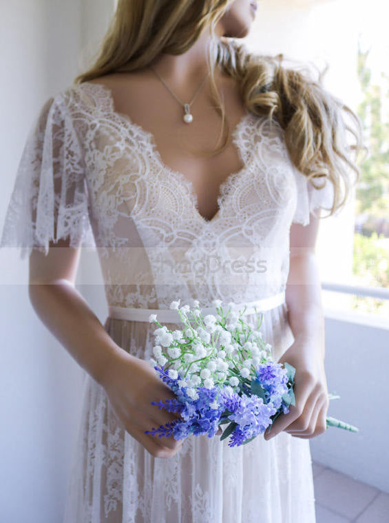 blue dress for baby girl Lace Wedding Dresses,Short Sleeves Wedding Dress,Boho Wedding Dress,WD00099, US16 / White