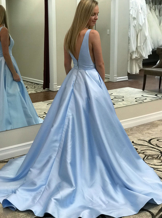 A Line Long Prom Dress,Satin V Neck Prom Dress,Modest Prom Dress PD00036, US16 / Skyblue A Line Long Prom Dress,Satin V Neck Prom Dress,Modest Prom Dress PD00036, US16 / Skyblue