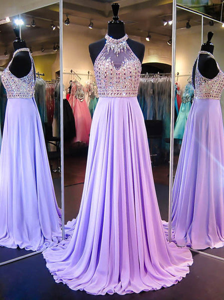 Lilac Halter Chiffon Prom Dress,Girls Graduation Dress,Beaded Evening Dress PD00134