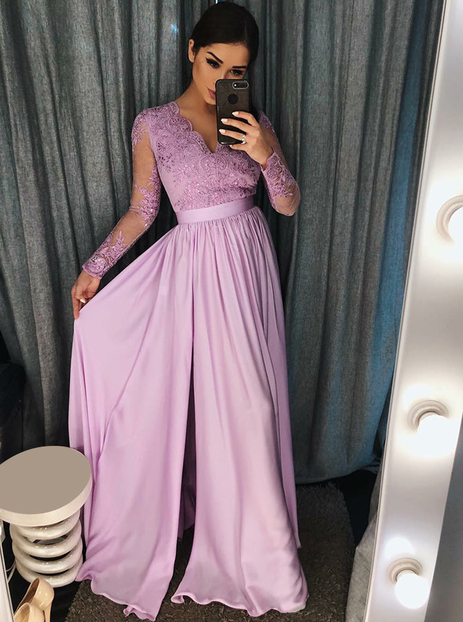 blue dress for baby girl Lavender Lace Long Sleeves Bridesmaid Dress, Mermaid Wedding Party Dresses,  MB135 main image 1
