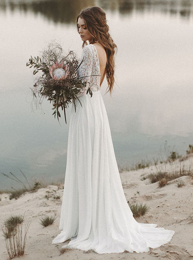 Long Simple Wedding Dress,Bridal Dress with Long Sleeves,WD00432, US14W / Ivory Long Simple Wedding Dress,Bridal Dress with Long Sleeves,WD00432, US14W / Ivory