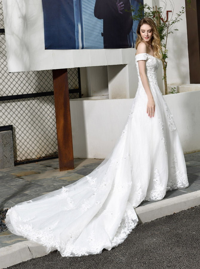 Long Train A-Line Wedding Dresses,Off The Shoulder Bridal Gown,WD00489, US8 / Ivory Long Train A-Line Wedding Dresses,Off The Shoulder Bridal Gown,WD00489, US8 / Ivory