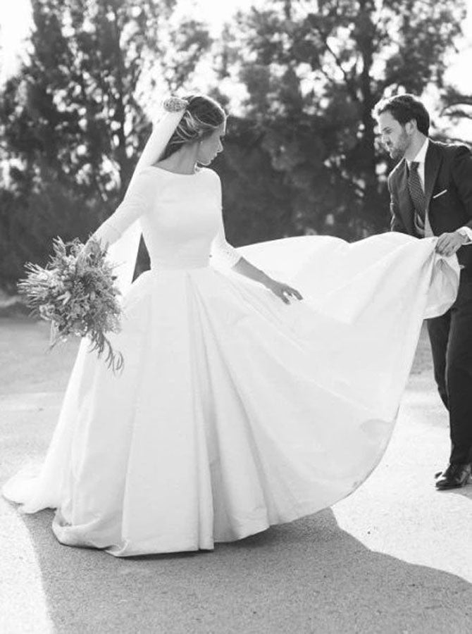Long Train Wedding Dresses,Classic Wedding Dress with Sleeves,WD00452, US12 / Ivory