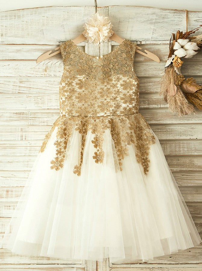 Lovely Flower Girl Dresses,Knee Length Flower Girl Dress,FD00027, Child9 / Gold
